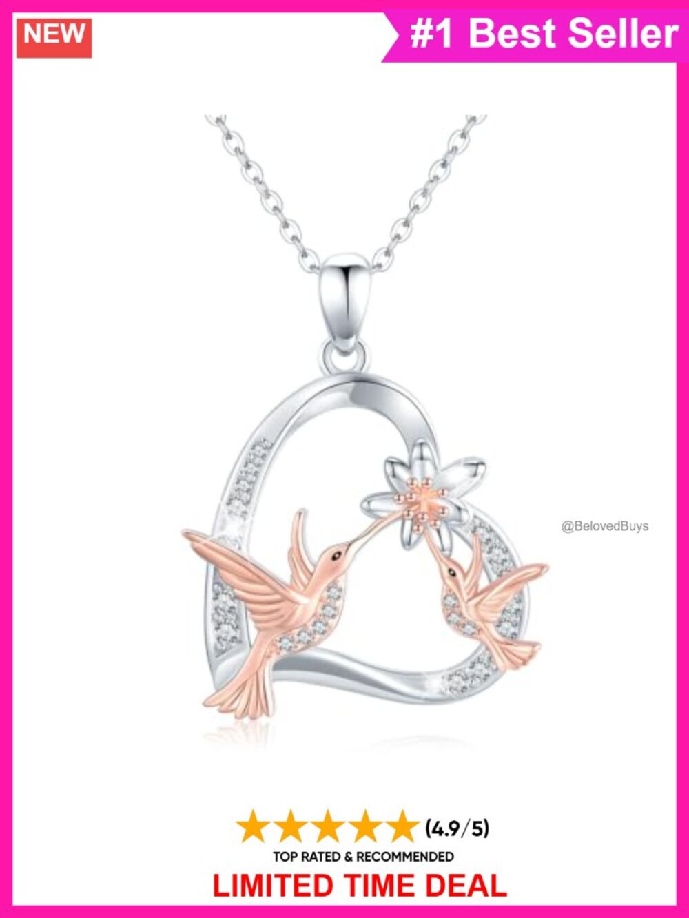 925 Sterling Silver Hummingbird Flower Necklace Rose Gold Plated CZ Pendant